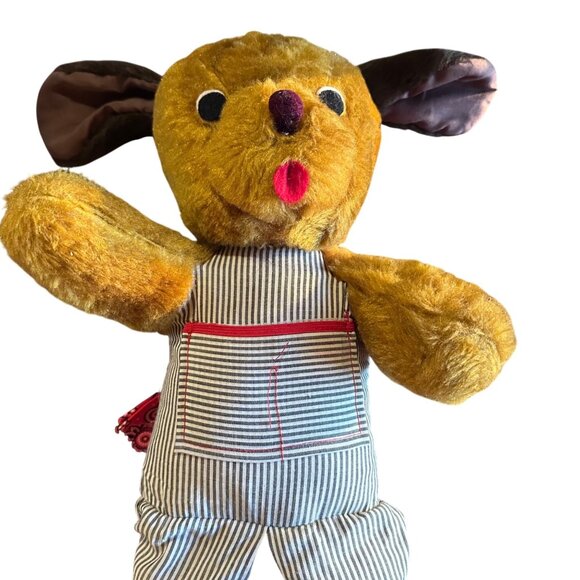 Vintage Knickerbocker Plush Dog In Striped Overalls With Red Bandana 16" Stuffed - Picture 4 of 9